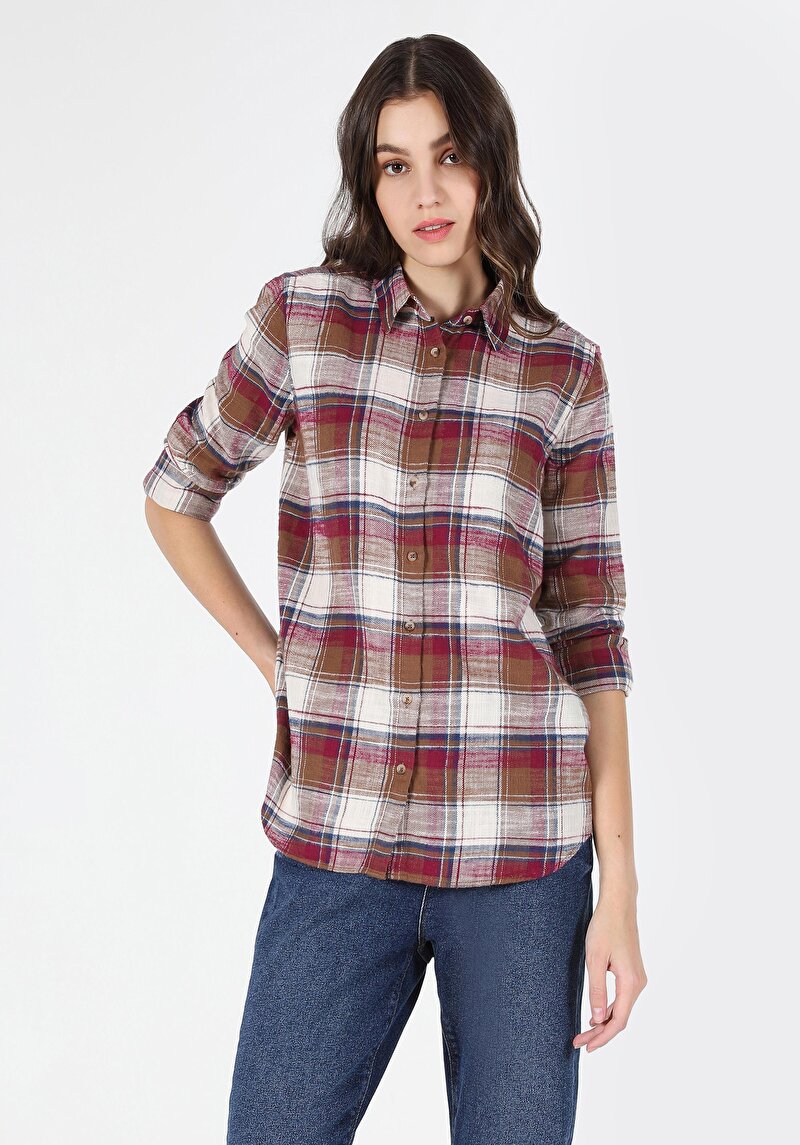 Imagine a Cămașă Cu Gât În Carouri Cămașă Cu Mânecă Lungă Visiniu Pentru Femei