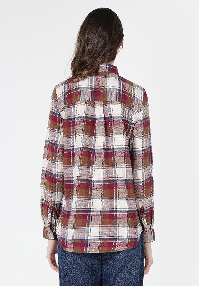 Imagine a Cămașă Cu Gât În Carouri Cămașă Cu Mânecă Lungă Visiniu Pentru Femei