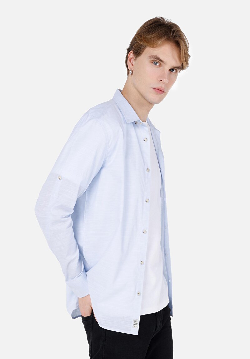 Imagine a Cămașă Regular Fit Neck Drept Cămașă Albastră Roll-Up Pentru Bărbați