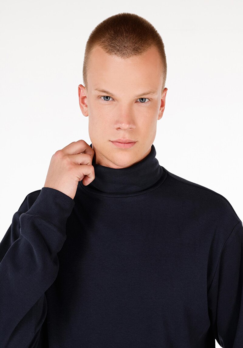Afișați detalii pentru Comfort Fit Turtleneck Drept Bărbați Bleumarin Tricou Cu Mânecă Lungă
