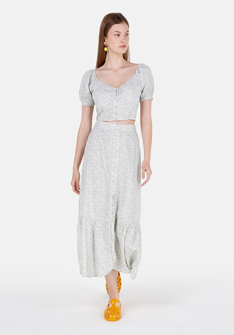 Imagine a Fustă Midi Floral Cu Nasturi Fusta Verde Pentru Femei