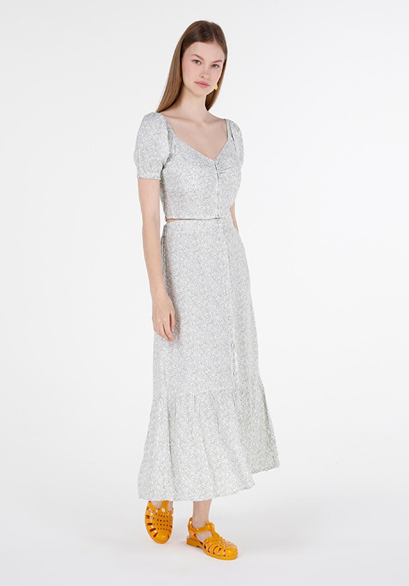 Afișați detalii pentru Fustă Midi Floral Cu Nasturi Fusta Verde Pentru Femei