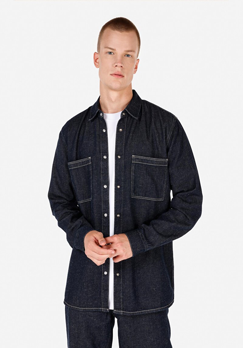 Imagine a Regular Fit Classic Collar Cămașă Albastră Cu Mânecă Lungă Pentru Bărbați