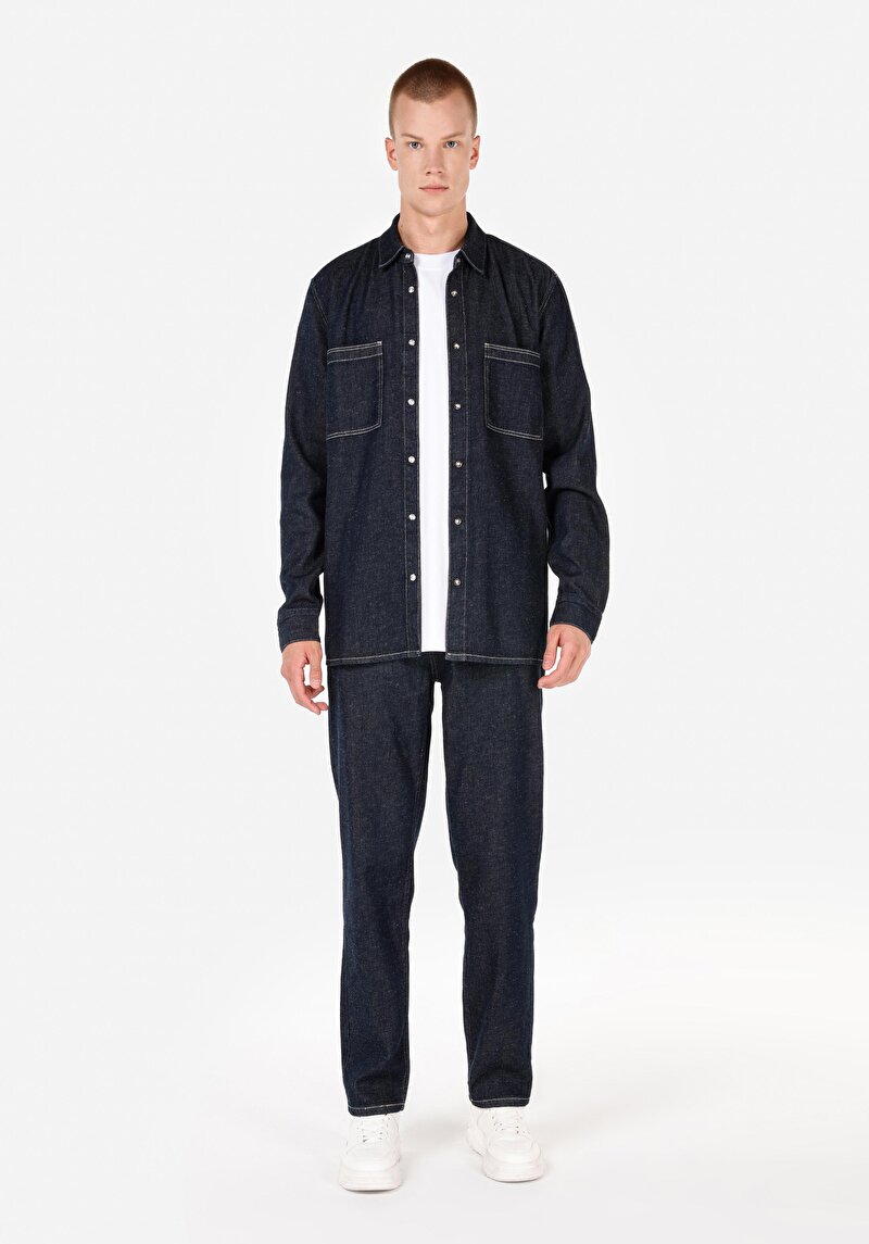 Imagine a Regular Fit Classic Collar Cămașă Albastră Cu Mânecă Lungă Pentru Bărbați