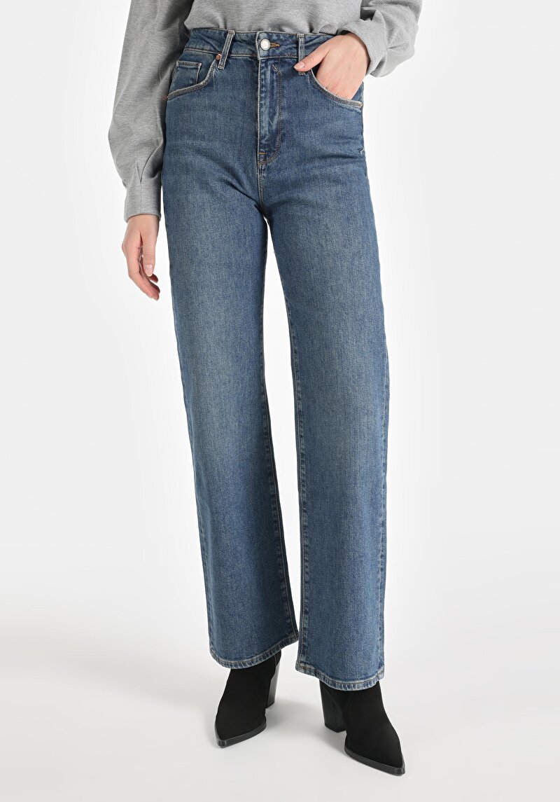 Afișați detalii pentru Regular Fit Talie Înaltă Picior Drept Blugi Indigo Pentru Femei