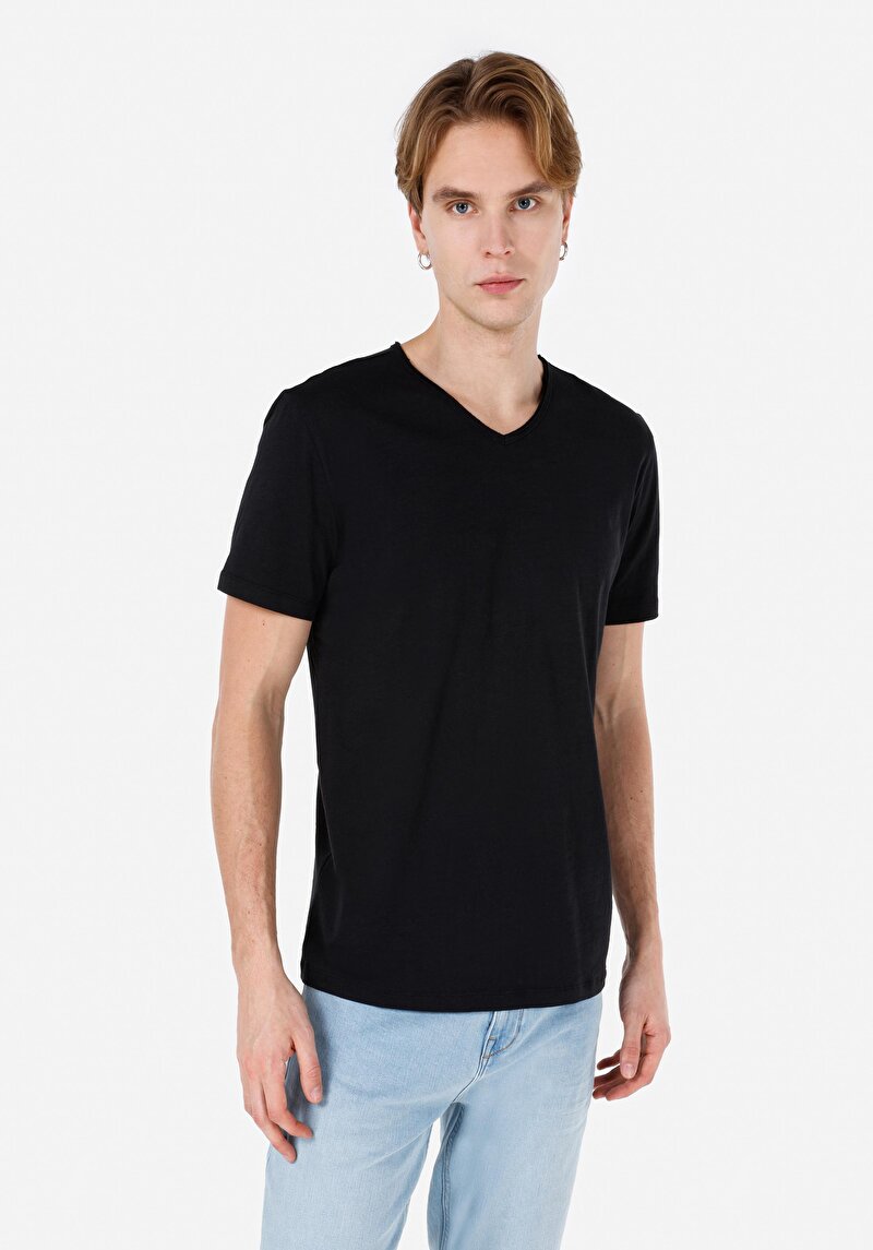 Imagine a Regular Fit Tricou Negru Cu Mânecă Scurtă Pentru Bărbați Cu Decolteu În V