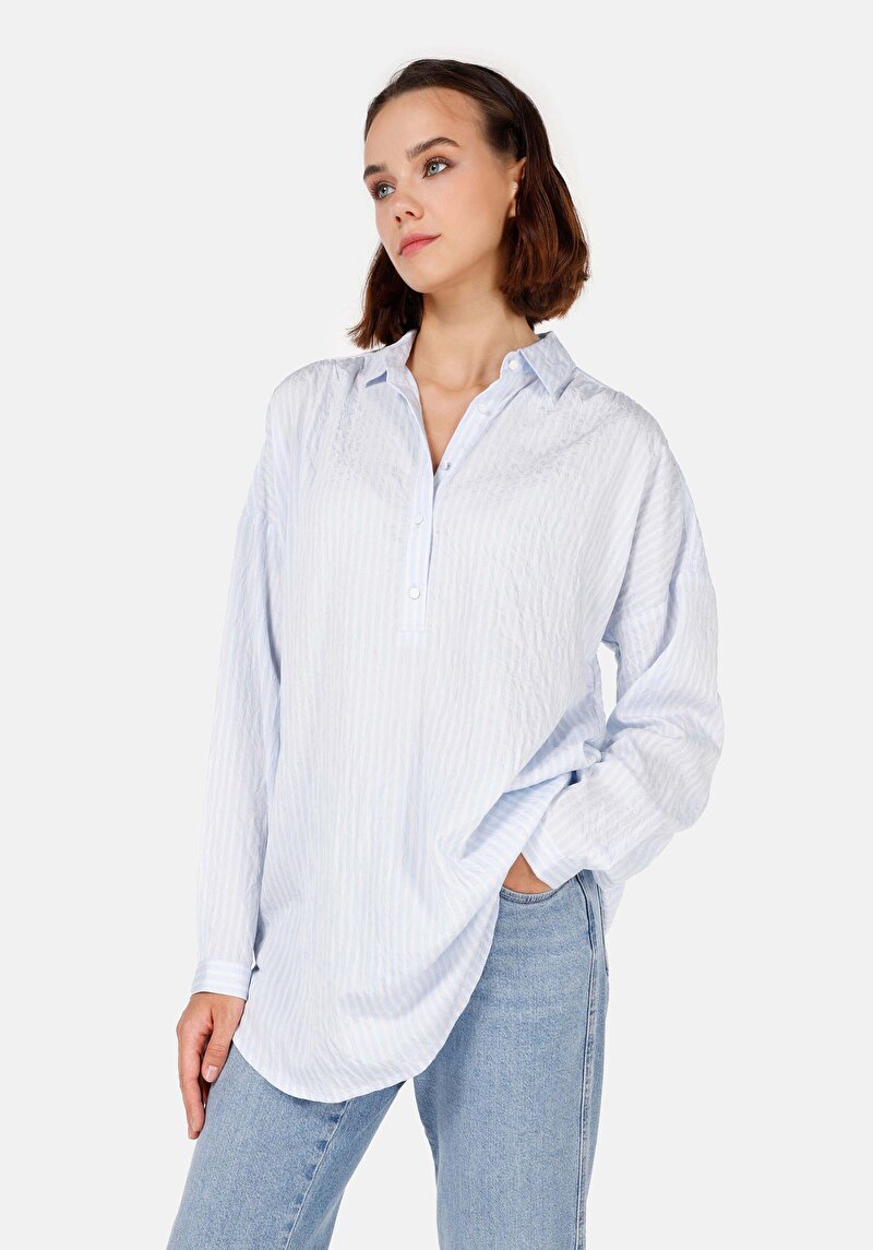 Imagine a Cămașă Relax Fit Neck Cămașă Albastră Cu Mânecă Lungă Pentru Femei