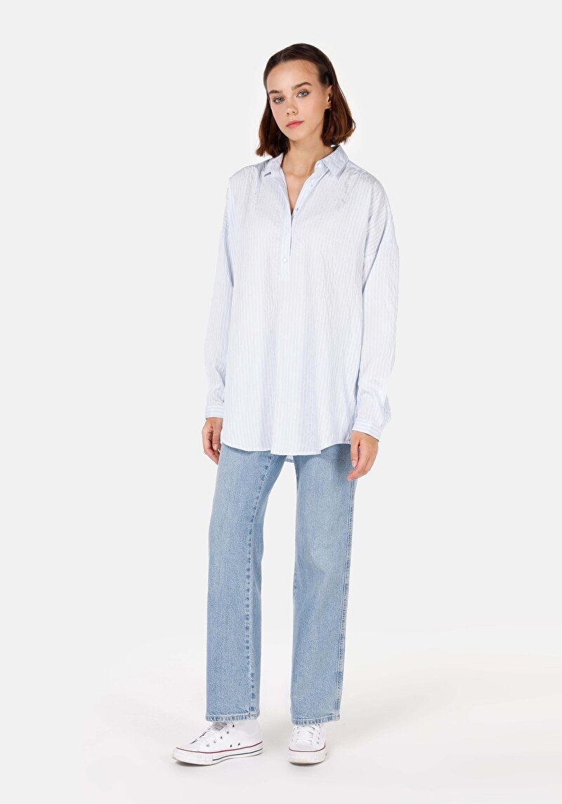 Imagine a Cămașă Relax Fit Neck Cămașă Albastră Cu Mânecă Lungă Pentru Femei