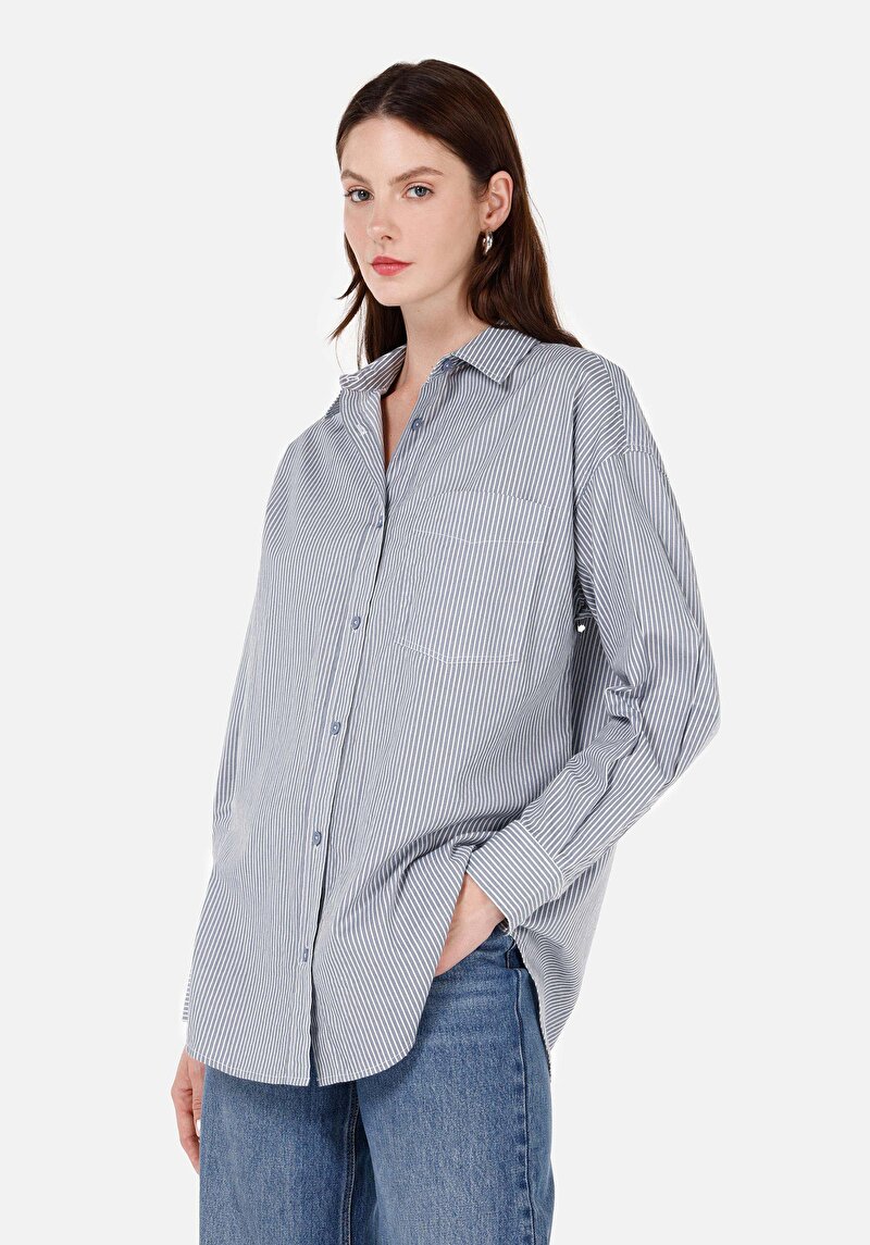 Imagine a Cămașă Relax Fit Neck Cămașă Albastră Cu Mânecă Lungă Pentru Femei