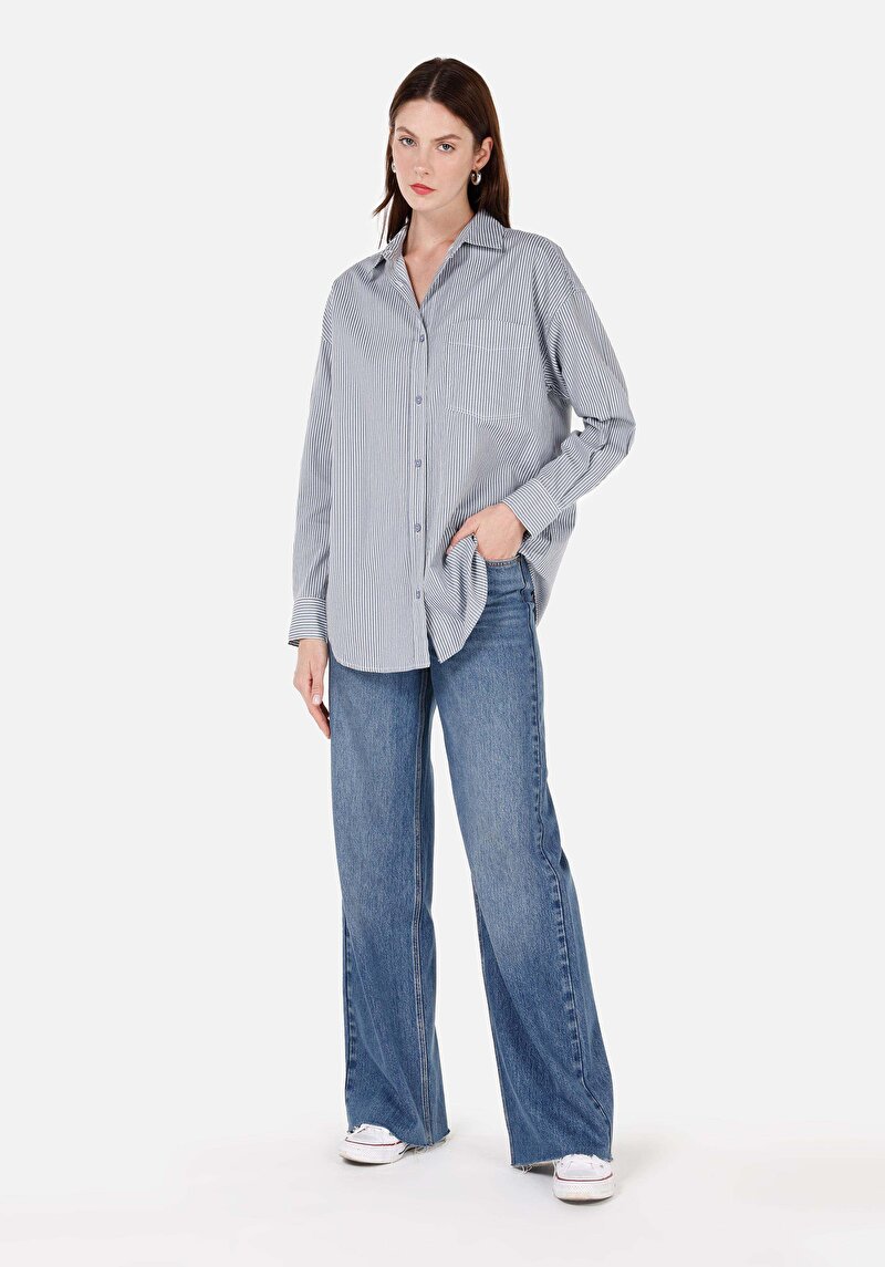 Imagine a Cămașă Relax Fit Neck Cămașă Albastră Cu Mânecă Lungă Pentru Femei