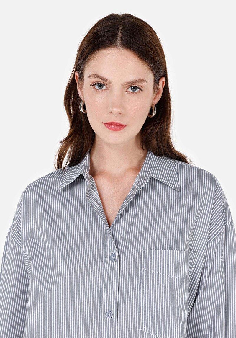 Afișați detalii pentru Cămașă Relax Fit Neck Cămașă Albastră Cu Mânecă Lungă Pentru Femei