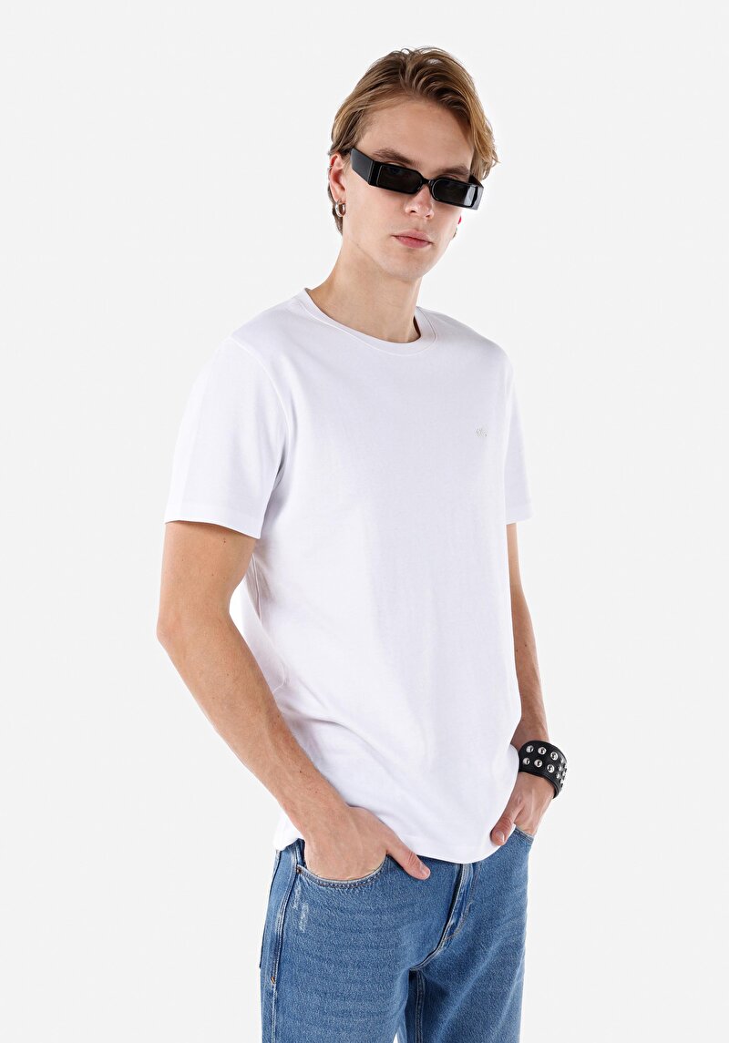 Imagine a Regular Fit Round Neck Drept Bărbați Alb Mânecă Scurtă Tricou