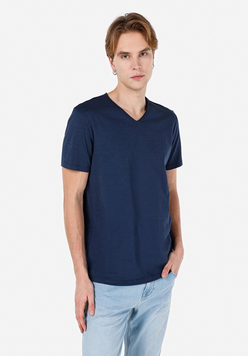 Imagine a Regular Fit V-Neck Drept Bărbați Bleumarin Tricou Cu Mânecă Scurtă
