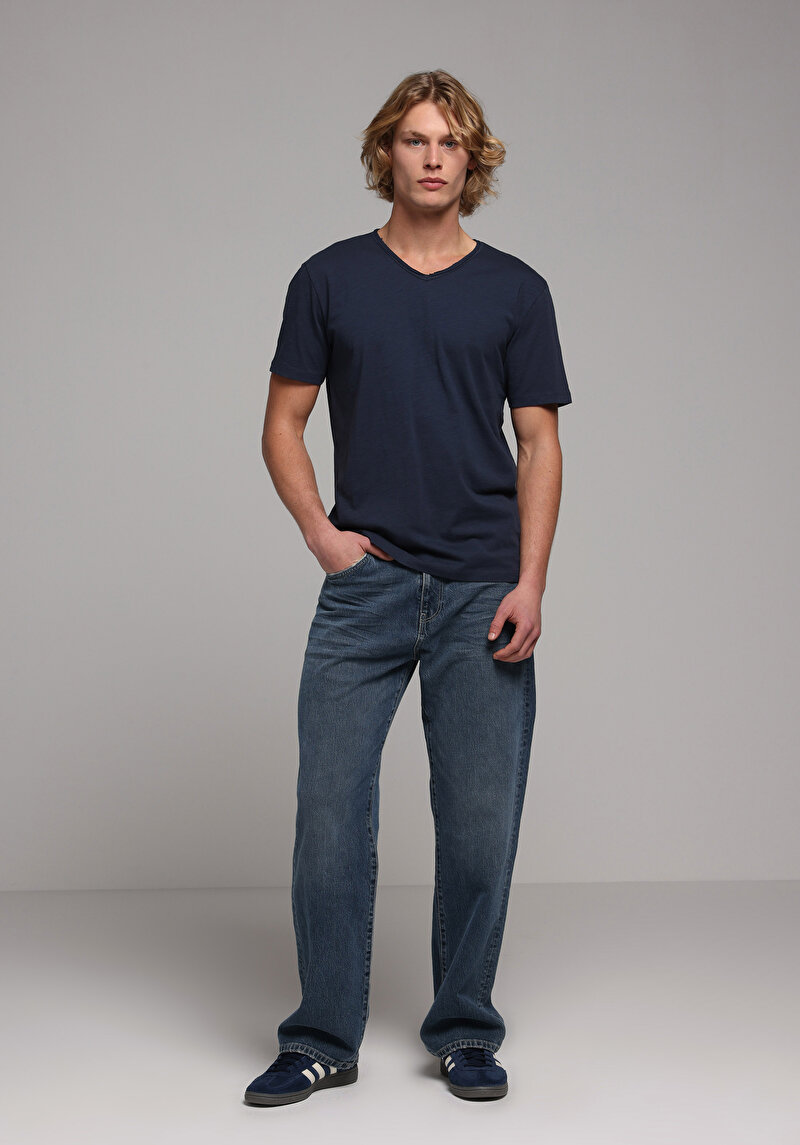 Imagine a Regular Fit V-Neck Drept Bărbați Bleumarin Tricou Cu Mânecă Scurtă