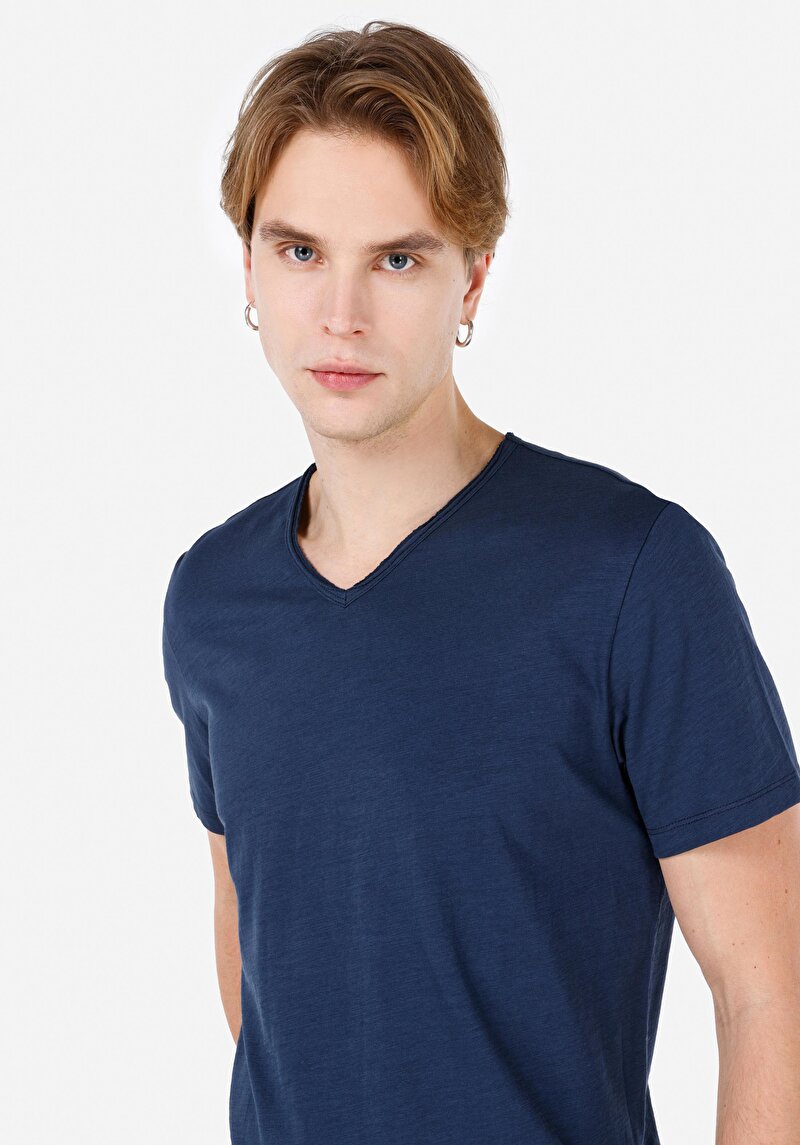 Afișați detalii pentru Regular Fit V-Neck Drept Bărbați Bleumarin Tricou Cu Mânecă Scurtă