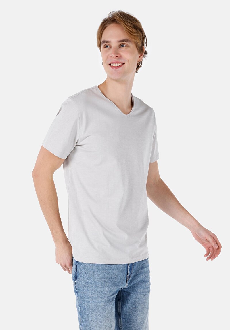 Imagine a Regular Fit V-Neck Drept Bărbați Stone Tricou Cu Mânecă Scurtă