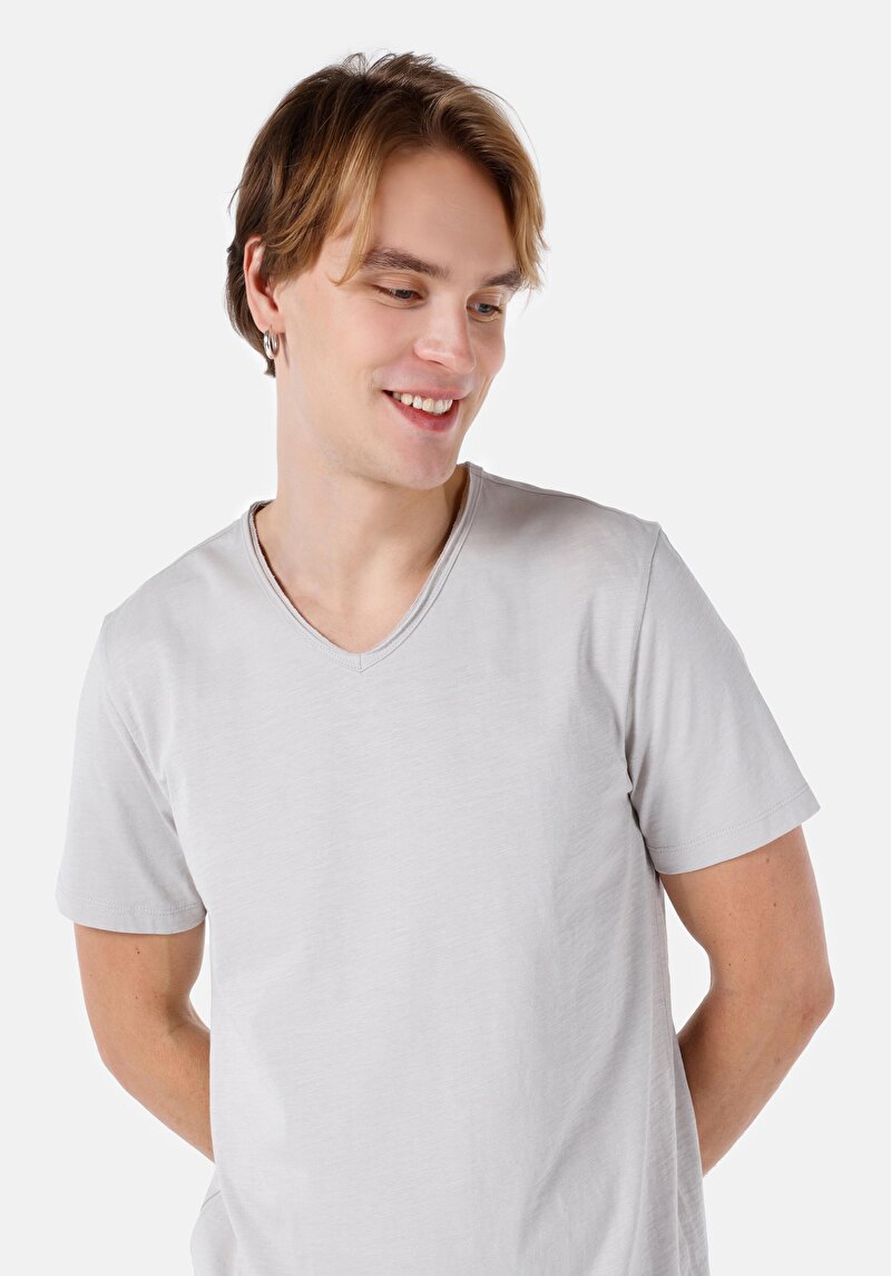 Imagine a Regular Fit V-Neck Drept Bărbați Stone Tricou Cu Mânecă Scurtă