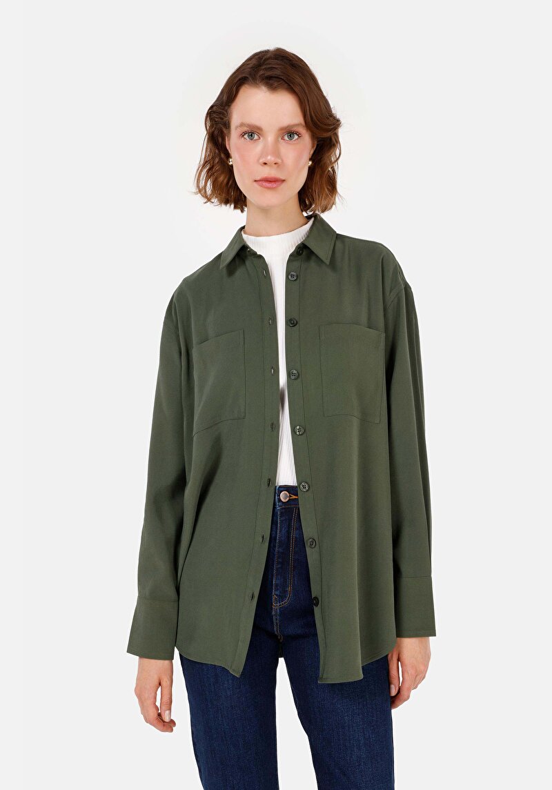 Imagine a Cămașă Relax Fit Neck Cămașă Verde Cu Mânecă Lungă Pentru Femei