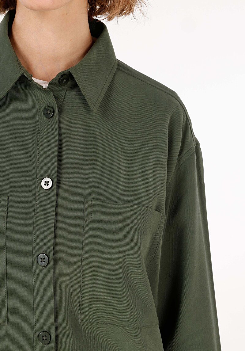 Afișați detalii pentru Cămașă Relax Fit Neck Cămașă Verde Cu Mânecă Lungă Pentru Femei