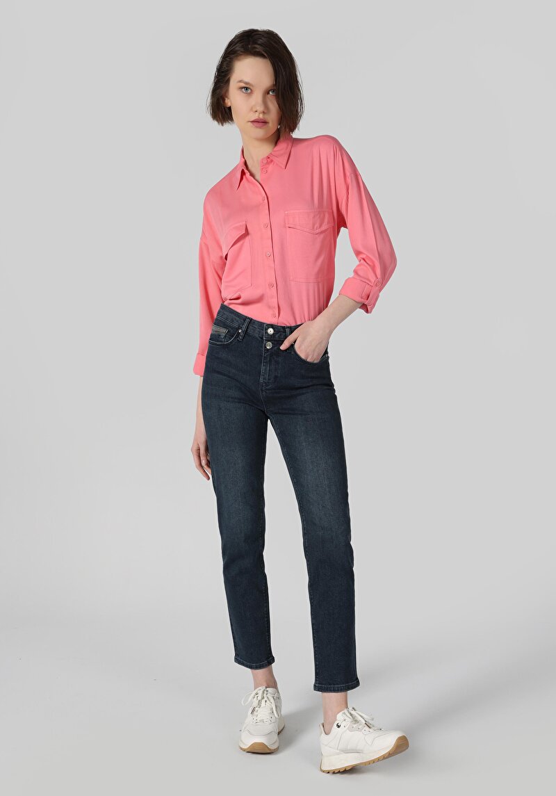 Imagine a Slim Fit Mid Waist Straight Leg Blugi İndigo Pentru Femei