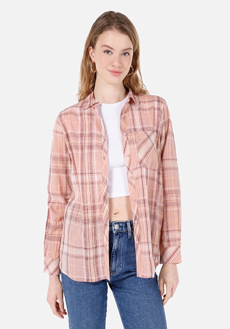 Imagine a Cămașă Cu Gât În Carouri Cămașă Cu Mânecă Lungă Roz Pentru Femei