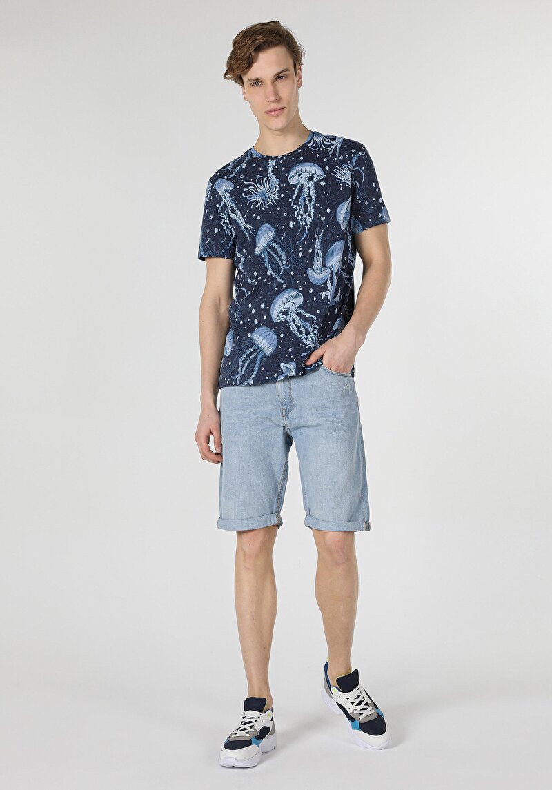 Imagine a Regular Fit Round Neck Imprimat Bărbați Bleumarin Tricou Cu Mânecă Scurtă