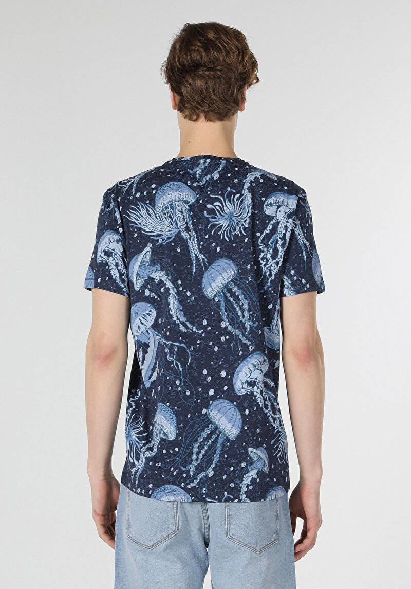 Imagine a Regular Fit Round Neck Imprimat Bărbați Bleumarin Tricou Cu Mânecă Scurtă