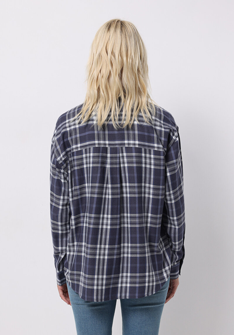 Afișați detalii pentru Cămașă Relax Fit Gât În Carouri Cămașă Cu Mânecă Lungă Bleumarin Pentru Femei