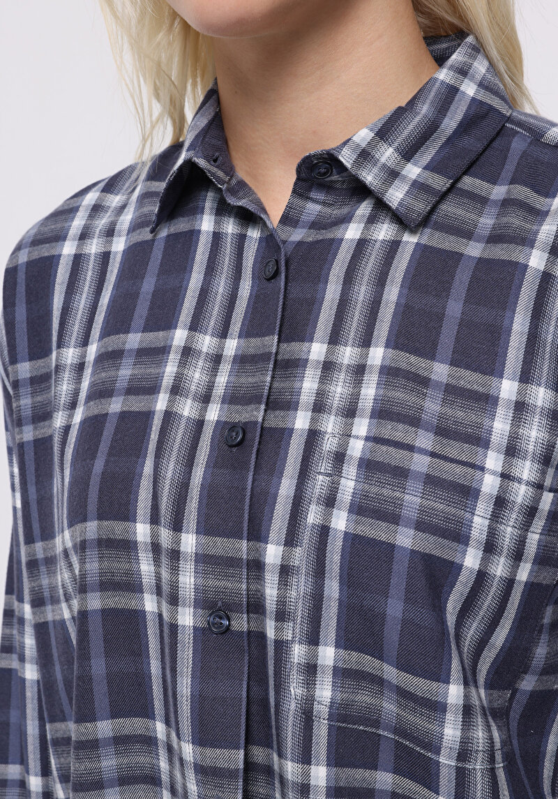 Afișați detalii pentru Cămașă Relax Fit Gât În Carouri Cămașă Cu Mânecă Lungă Bleumarin Pentru Femei