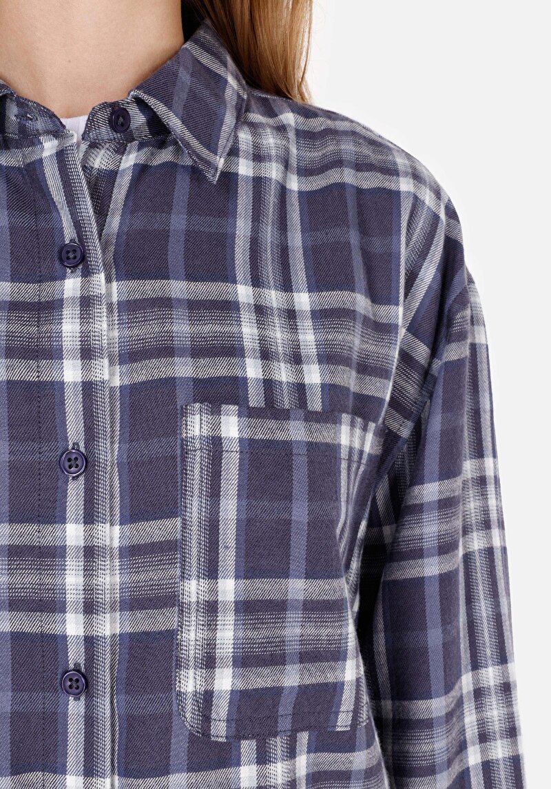 Afișați detalii pentru Cămașă Relax Fit Gât În Carouri Cămașă Cu Mânecă Lungă Bleumarin Pentru Femei