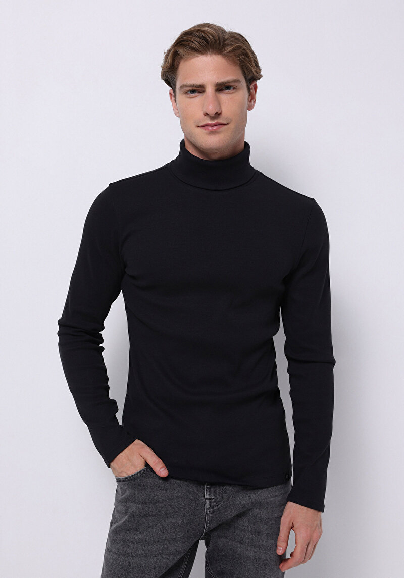 Imagine a Slim Fit Half Turtleneck Drept Bărbați Bleumarin Tricou Cu Mânecă Lungă