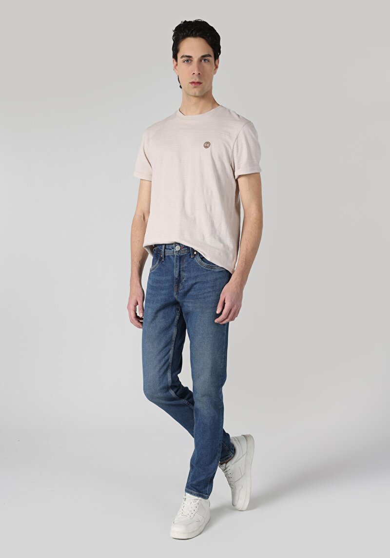 Imagine a Slim Fit Talie Joasă Picior Îngust Blugi İndigo Pentru Bărbați