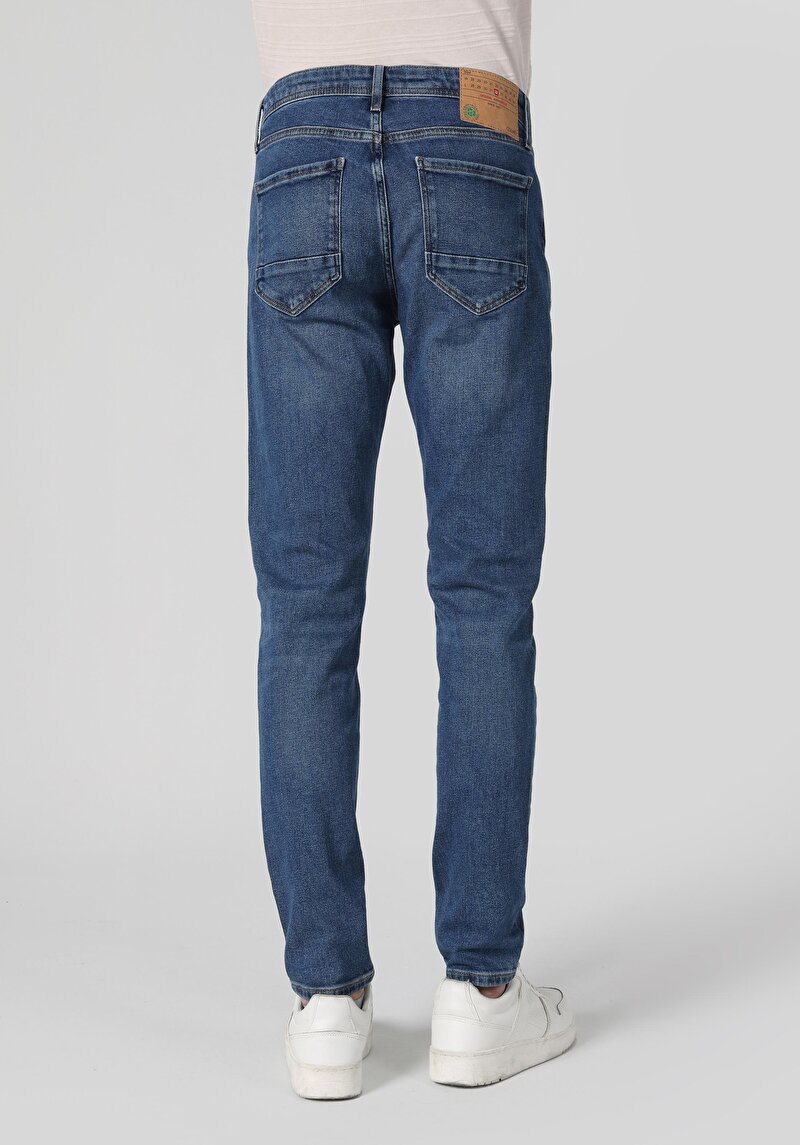 Imagine a Slim Fit Talie Joasă Picior Îngust Blugi İndigo Pentru Bărbați