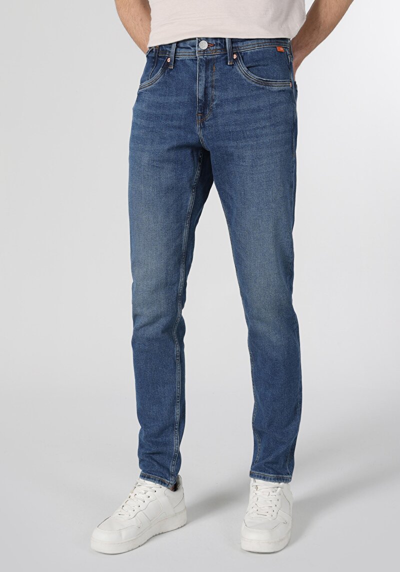 Imagine a Slim Fit Talie Joasă Picior Îngust Blugi İndigo Pentru Bărbați