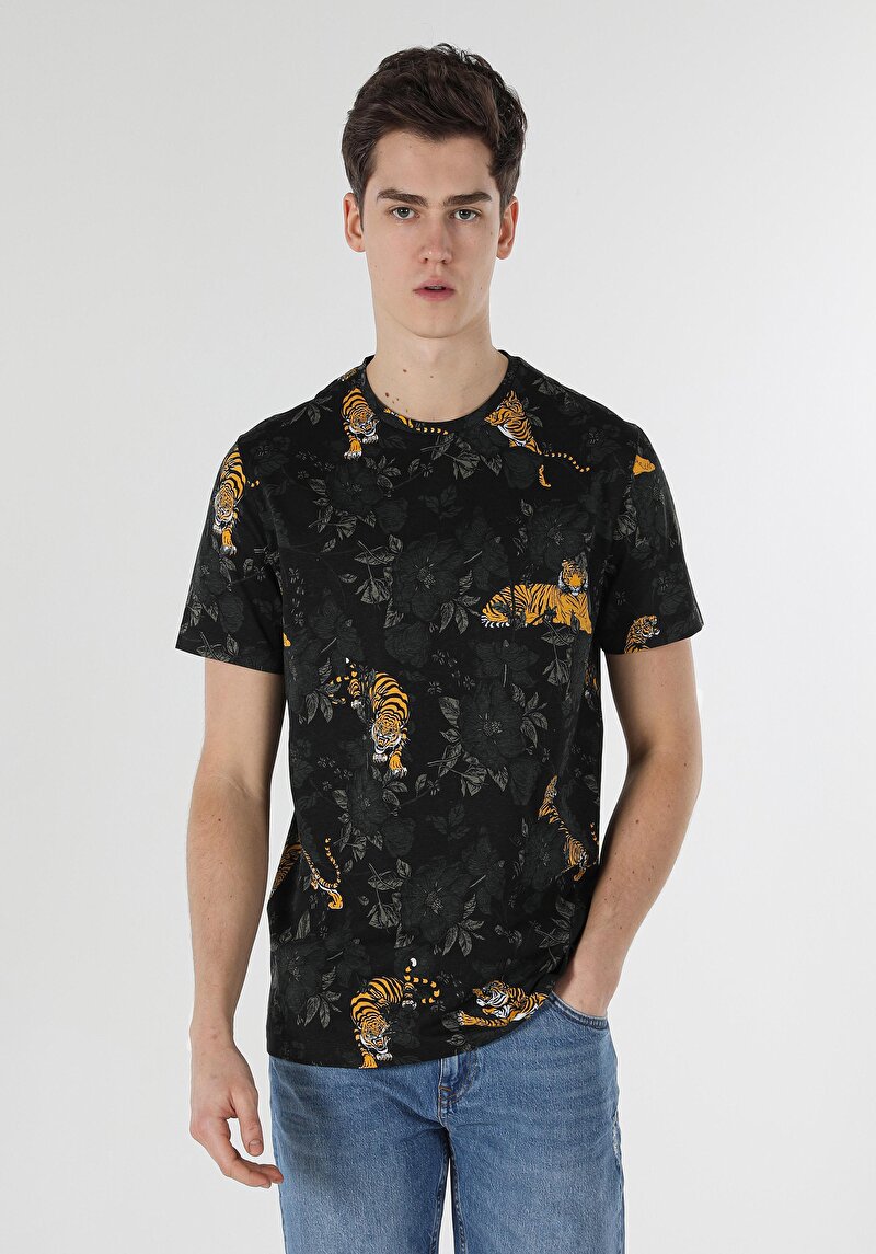 Imagine a Regular Fit Round Neck Printed Tricou Negru Cu Mânecă Scurtă Pentru Bărbați