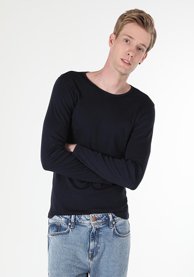 Imagine a Slim Fit Round Neck Drept Bărbați Bleumarin Tricou Cu Mânecă Lungă