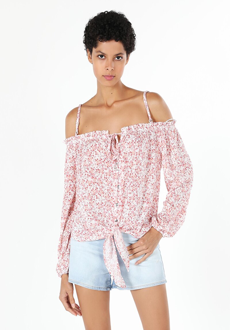 Imagine a Regular Fit Boat Collar Floral Cămașă Cu Mânecă Lungă Roz Pentru Femei