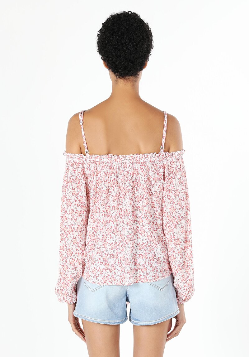 Afișați detalii pentru Regular Fit Boat Collar Floral Cămașă Cu Mânecă Lungă Roz Pentru Femei