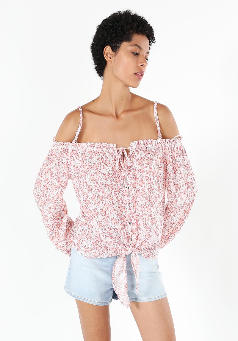 Afișați detalii pentru Regular Fit Boat Collar Floral Cămașă Cu Mânecă Lungă Roz Pentru Femei