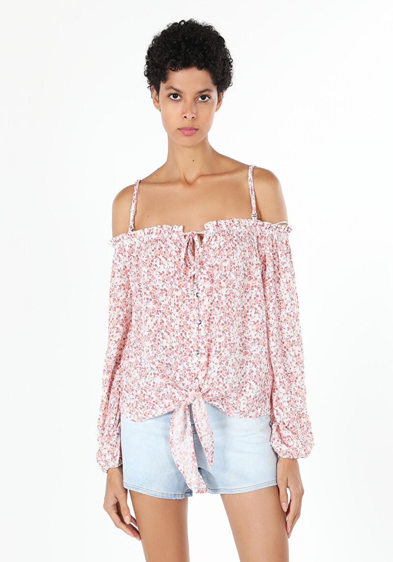 Afișați detalii pentru Regular Fit Boat Collar Floral Cămașă Cu Mânecă Lungă Roz Pentru Femei