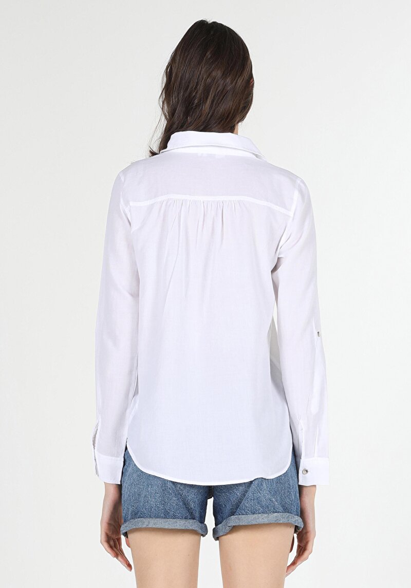 Imagine a Cămașă Regular Fit Neck Drept Cămașă Albă Roll-Up Pentru Femei