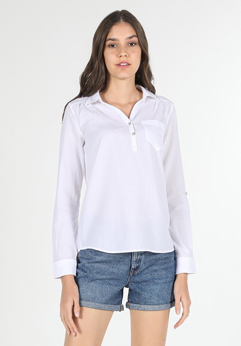 Imagine a Cămașă Regular Fit Neck Drept Cămașă Albă Roll-Up Pentru Femei