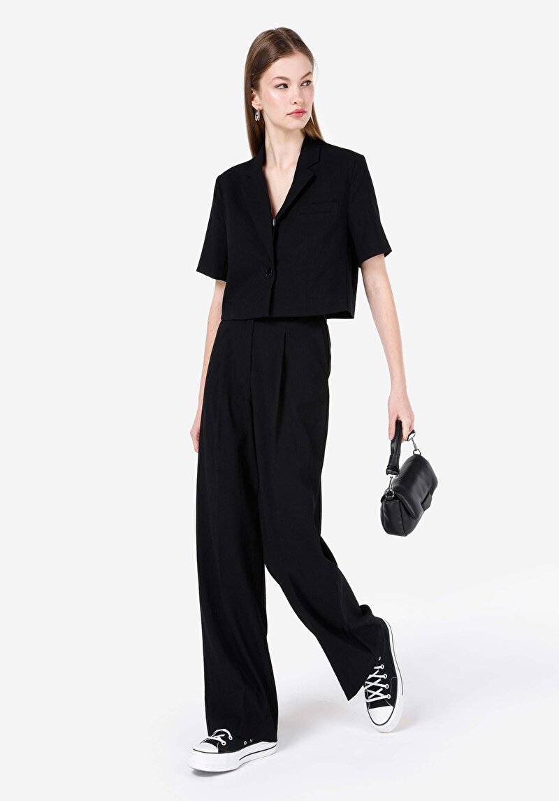 Afișați detalii pentru Regular Fit Talie Înaltă Picior Larg Pantaloni Negri Pentru Femei