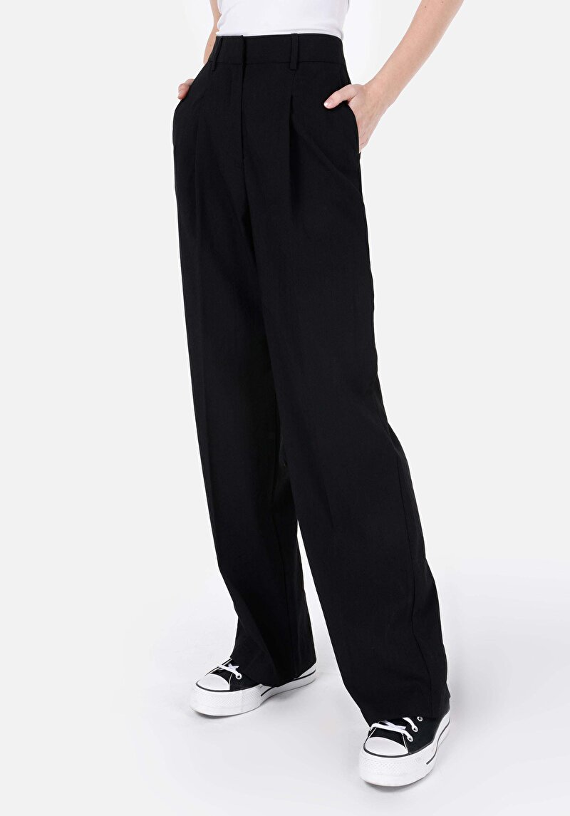 Afișați detalii pentru Regular Fit Talie Înaltă Picior Larg Pantaloni Negri Pentru Femei