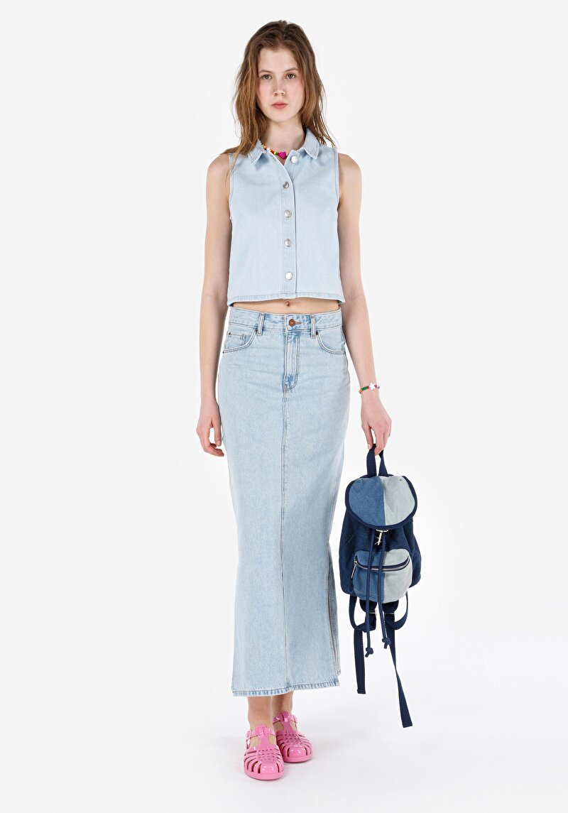 Imagine a Slim Fit Drept Fermoar Fustă Albastră Pentru Femei