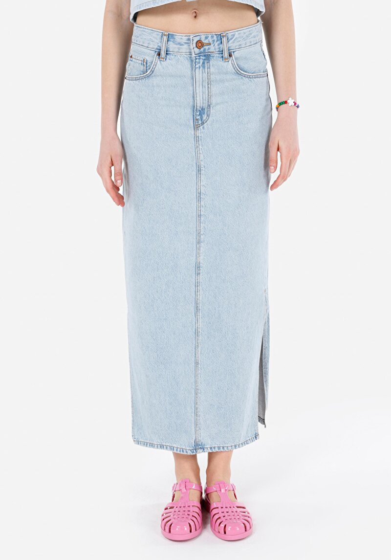 Imagine a Slim Fit Drept Fermoar Fustă Albastră Pentru Femei