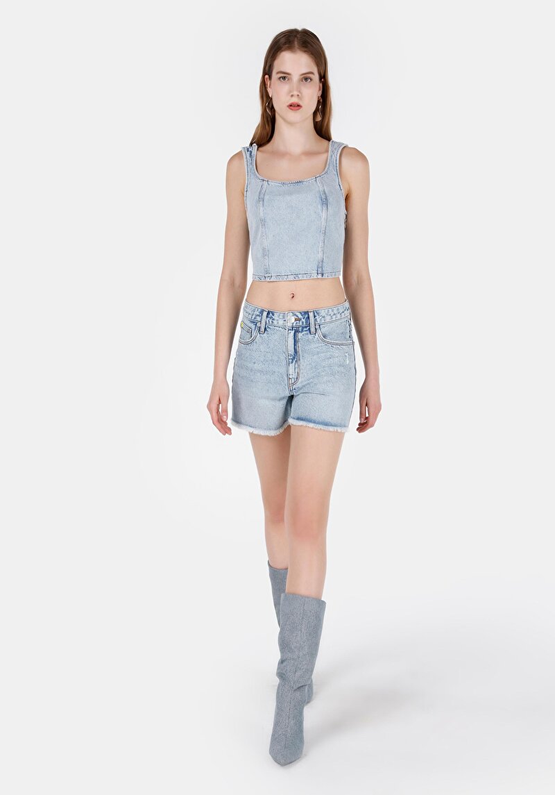 Imagine a Mom Fit Talie Înaltă Pantaloni Scurți Indigo Jean Pentru Femei