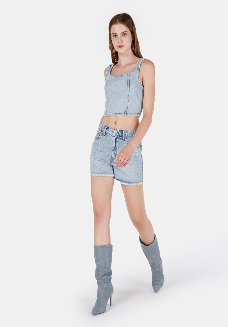 Imagine a Mom Fit Talie Înaltă Pantaloni Scurți Indigo Jean Pentru Femei
