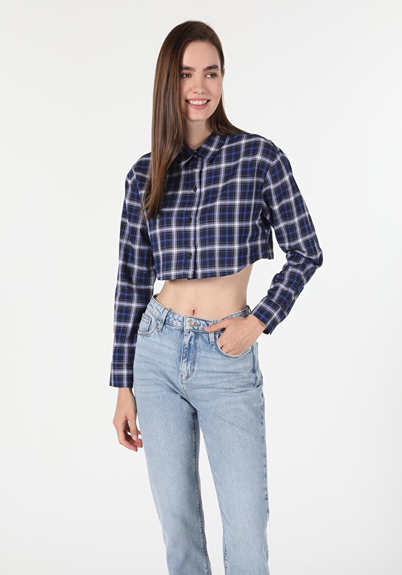 Imagine a Cămașă Cu Gât În Carouri Cămașă Cu Mânecă Lungă Bleumarin Pentru Femei