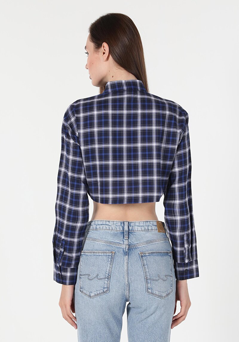 Afișați detalii pentru Cămașă Cu Gât În Carouri Cămașă Cu Mânecă Lungă Bleumarin Pentru Femei